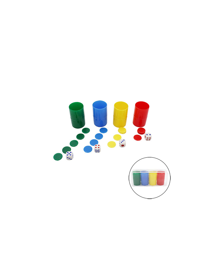 Lote 3 packs 4 cubiletes con fichas de parchís y dados