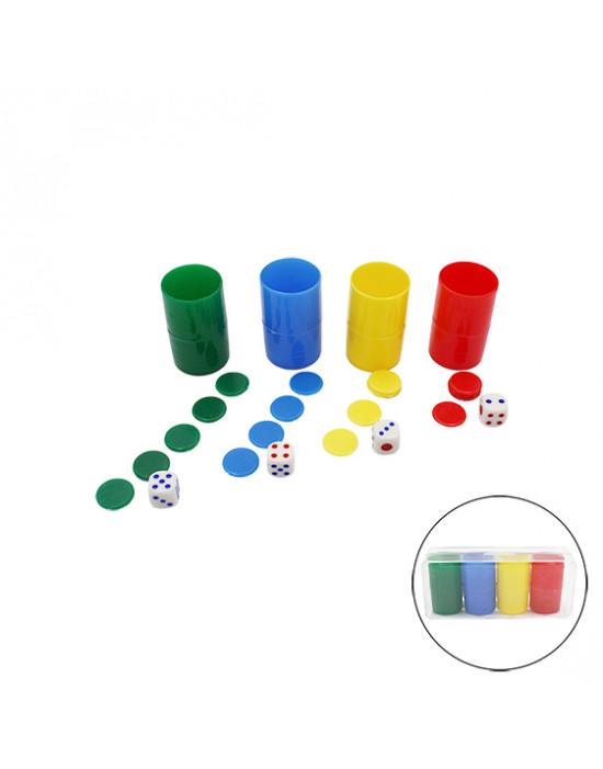 Lote 3 packs 4 cubiletes con fichas de parchís y dados