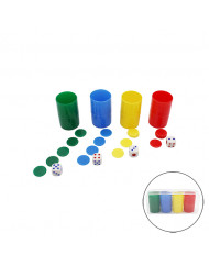 Lote 3 packs 4 cubiletes con fichas de parchís y dados